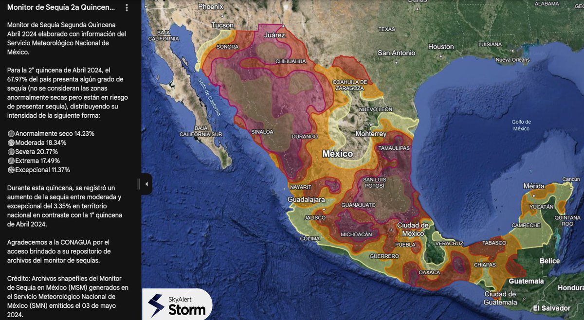 ⚠️💧Mapa de #Sequía en #México registrada durante la Segunda Quincena de Abril 2024. Ábrela desde Google Maps para que sepas la intensidad de sequía en tu localidad: google.com/maps/d/u/2/edi… Para la 2° quincena de Abril 2024, el 67.97% del país presenta algún grado de sequía…