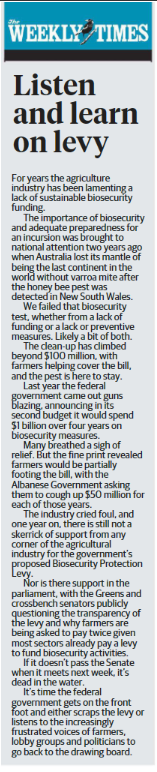 Powerful editorial in @theweeklytimes today calling for Biosecurity Tax to be scrapped - supporting the overwhelming views expressed by Australian farmers that this flawed proposal needs to be stopped/voted down in the Senate @NationalFarmers @GrainProducers #ausag #ScraptheTax