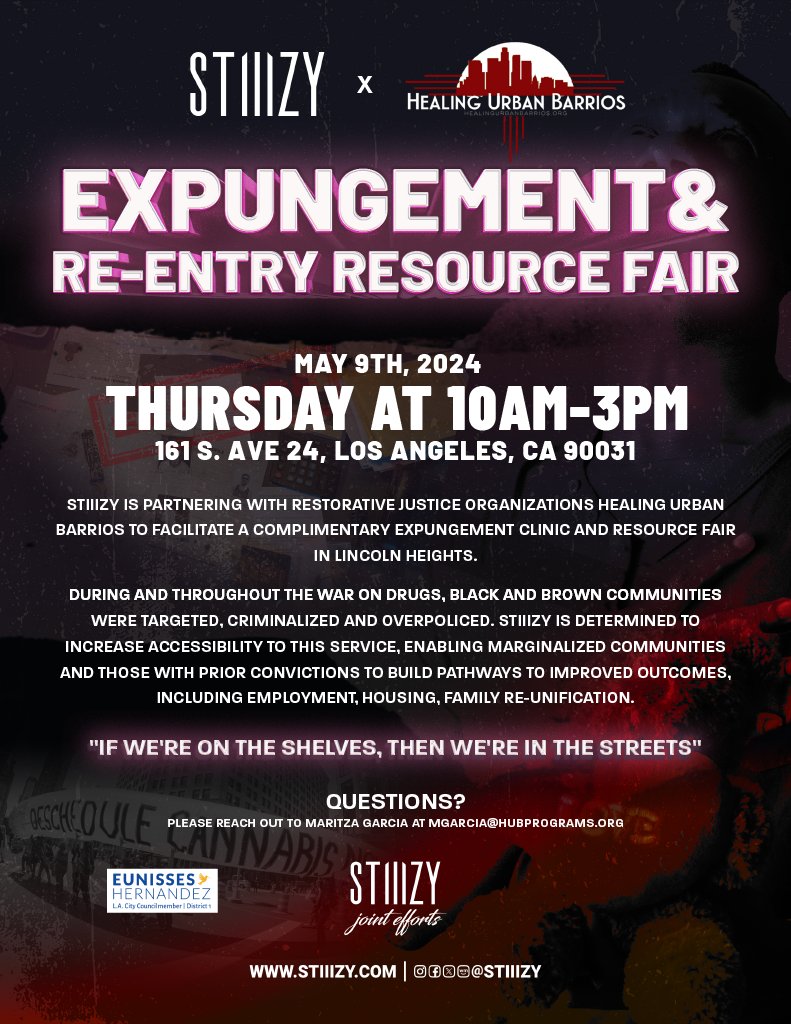Join @stiiizy and Healing Urban Barrios this Thursday, May 9th for an Expungement Clinic and Re-Entry Resource Fair from 10am to 3pm at 161 S Ave 24. Get connected to employment opportunities, housing services, and more!