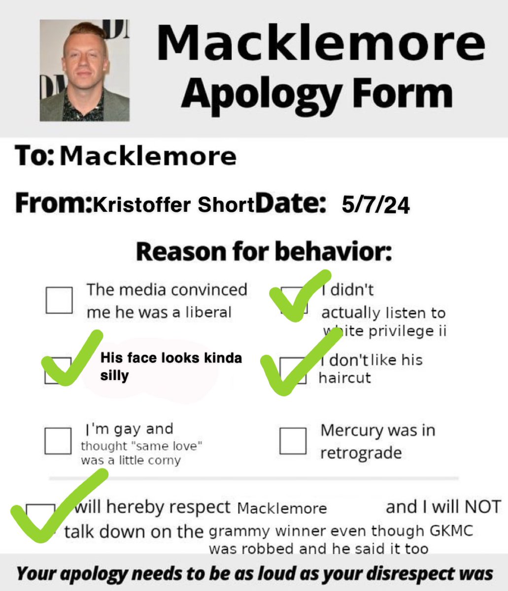 KristoffShort's tweet photo. @macklemore This one is my bad @macklemore you have solidly earned my respect. https://t.co/jOxkArsDeA