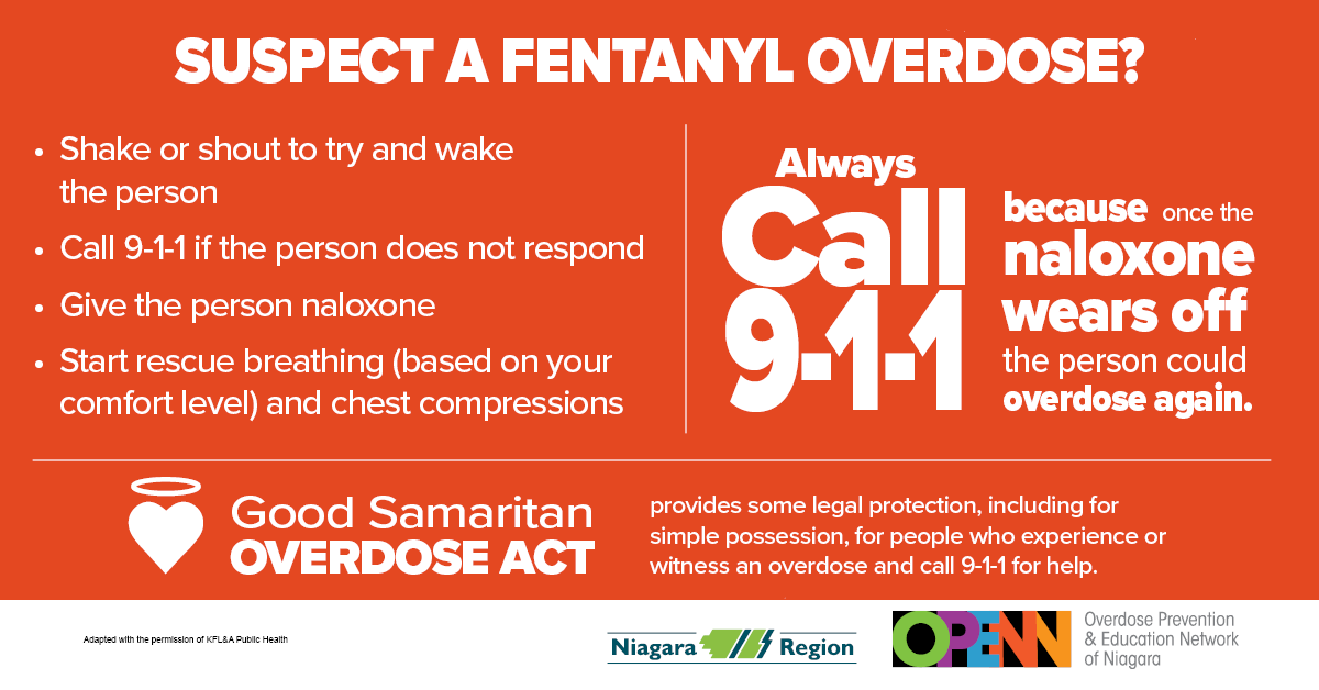 Suspect someone has overdosed? Call 911 and stay with them until Niagara EMS arrives. ⁣
⁣
The Good Samaritan Drug Act can provide you some legal protection and you could save their life. ⁣
⁣
#OPENNiagara #EndODNiagara