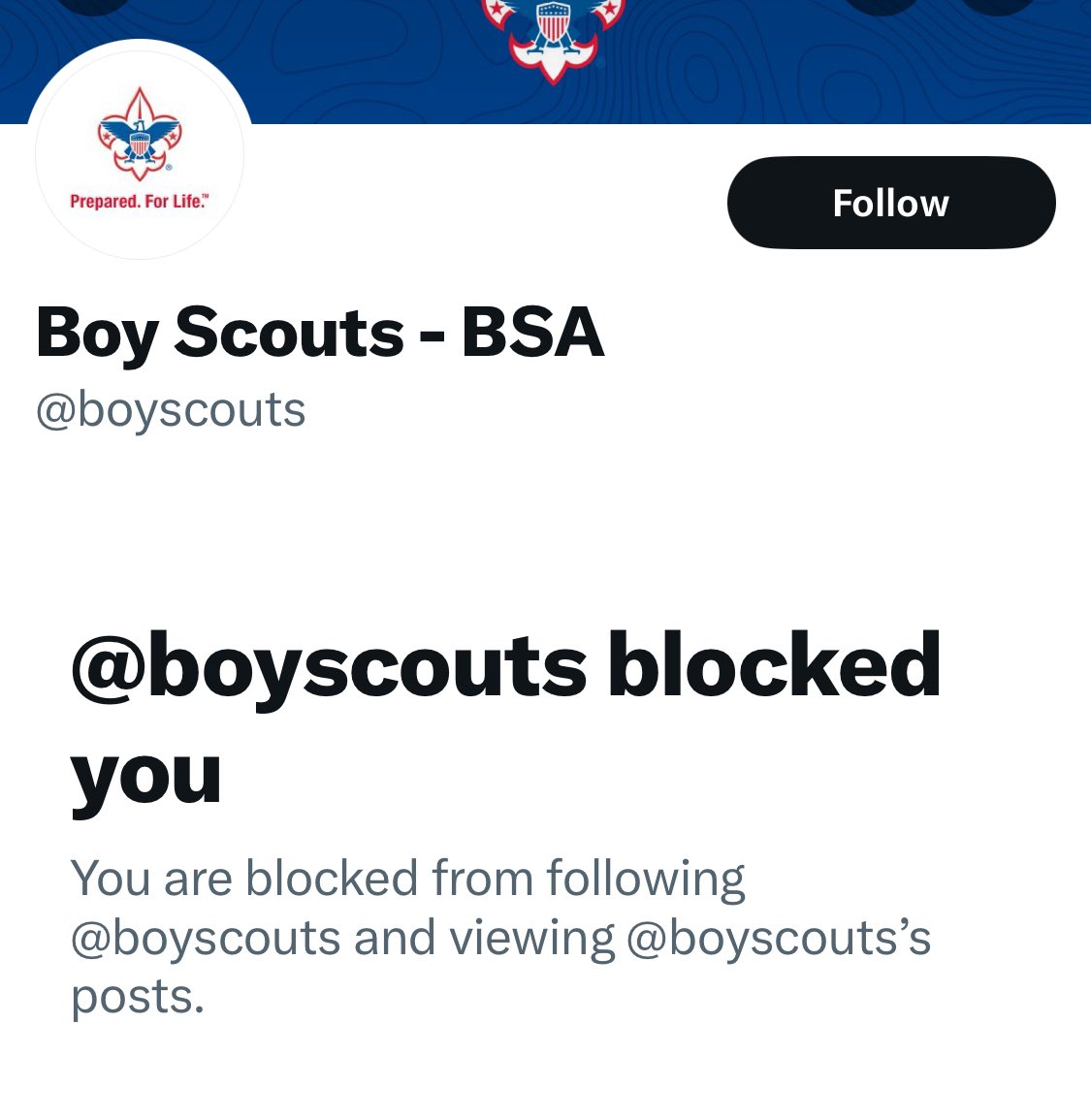 Apparently, quoting a @PBS story is a blockable offense. It’s unfortunate that an organization born out of a movement to train up strong men of character who were fit for military service is now so weak, it crumbles in the face of hard truths.