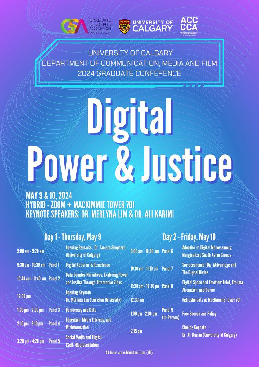UCalgaryComMediaFilm (@cmfcalgary) on Twitter photo The CMF Graduate Conference is a synchronous event that will be hosted on ZOOM and in-person at MacKimmie Tower 701.
Zoom link: ucalgary.zoom.us/j/93266654244
For questions or inquiries contact please Hafsa at hafsa.maqsood1@ucalgary.ca or Menna at menatalla.elzairy@ucalgary.ca. The CMF Graduate Conference is a synchronous event that will be hosted on ZOOM and in-person at MacKimmie Tower 701.
Zoom link: ucalgary.zoom.us/j/93266654244
For questions or inquiries contact please Hafsa at hafsa.maqsood1@ucalgary.ca or Menna at menatalla.elzairy@ucalgary.ca.