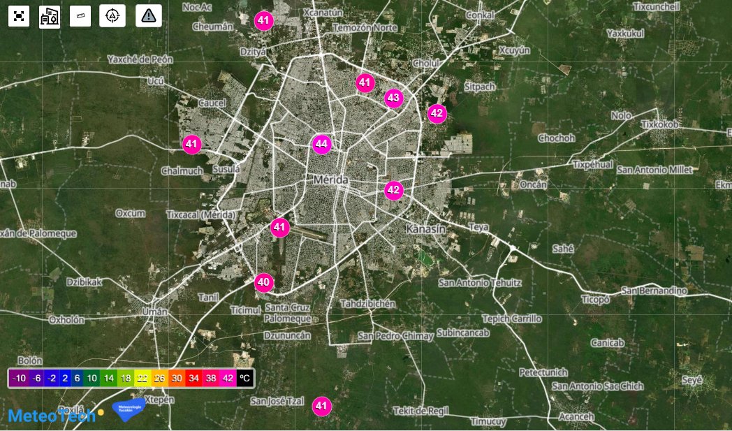🔥 Calor brutal en la ciudad de #Mérida.

Hoy se registró una temperatura máxima de 43.7 °C con una sensación térmica máxima de 56 °C.

Reportes de estaciones meteorológicas:
PNUD Mérida 43.7 °C
Altabrisa 42.8 °C
Floresta 42.7 °C
PROCIVY 42.1 °C
Reserva Cuxtal Molas 41.5 °C
