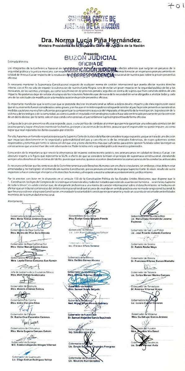 #UltimasNoticias. Gobernadores y gobernadoras de todos los partidos envían carta pública a la ministra presidenta de la @SCJN para advertir de los riesgos de eliminar la prisión preventiva oficiosa.