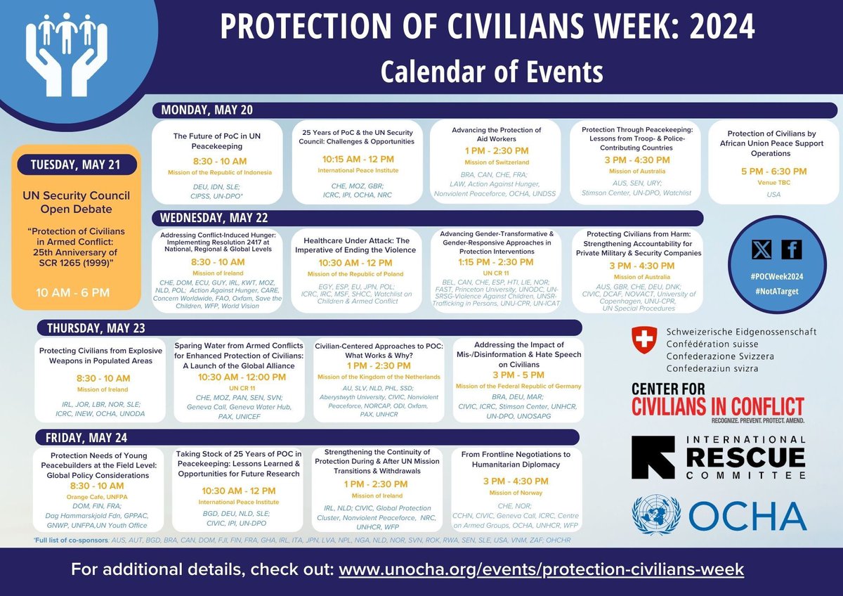 Civilians are #NotATarget ❗️ 🇨🇭Switzerland is excited to share the calendar of side events for the Protection of Civilians (PoC) Week 2024, taking place from 20 to 24 May. More info➡️bit.ly/3WDDO2u #POCWEEK2024