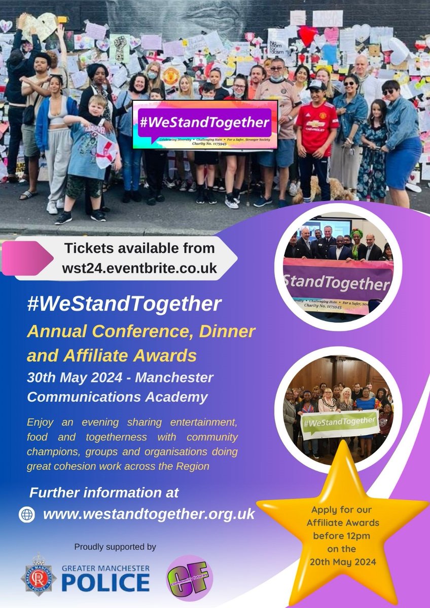 Tickets on sale now Please share If you care about Communities across Greater #Manchester you should join us on the 30th May for the @WeStandTogether Dinner/Awards/Conference ⭐️ Tickets available via wst24.eventbrite.co.uk #WeStandTogether #WST2024