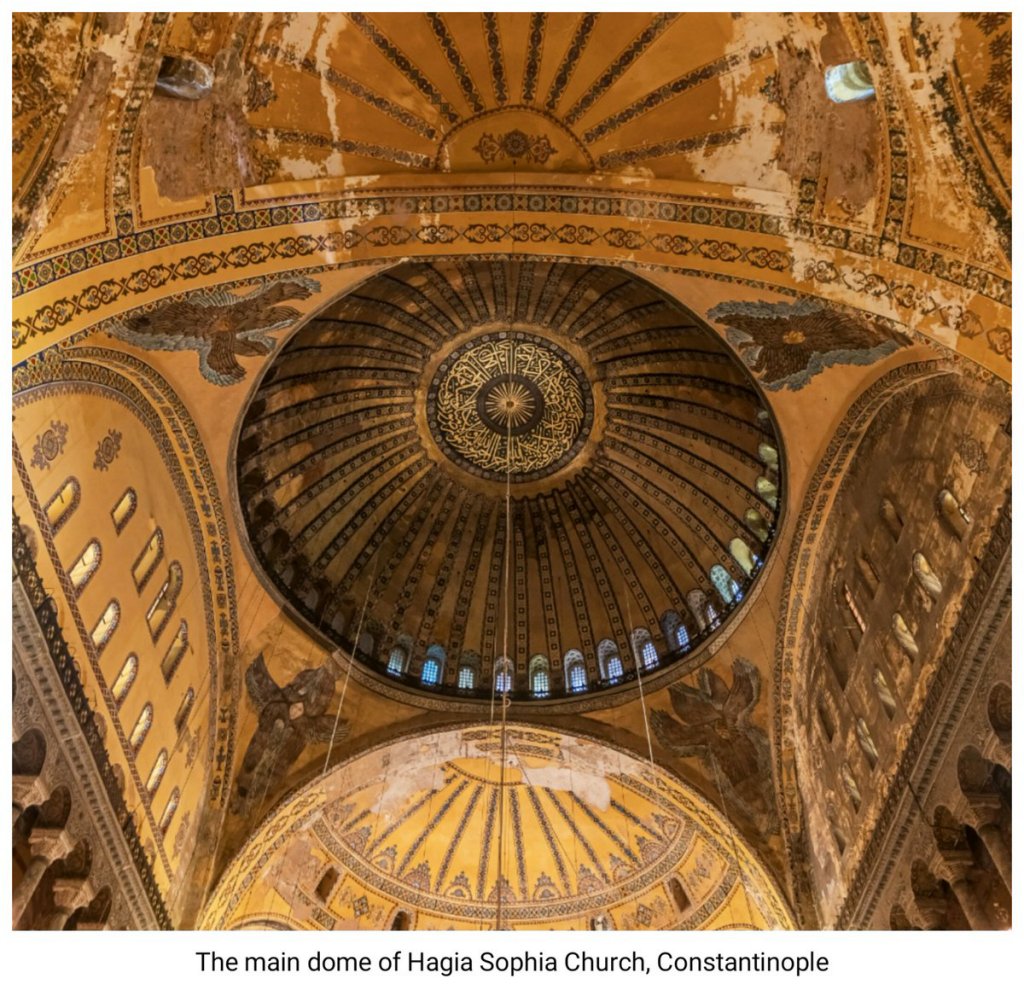 #Rom365, May 7, 558, the dome of Hagia Sophia Church collapsed due to earthquake damage of Dec. 557 in #Constantinople. It would be rebuilt as a modified version that would channel weight stresses through the building to the ground rather than continued stress on just the walls.