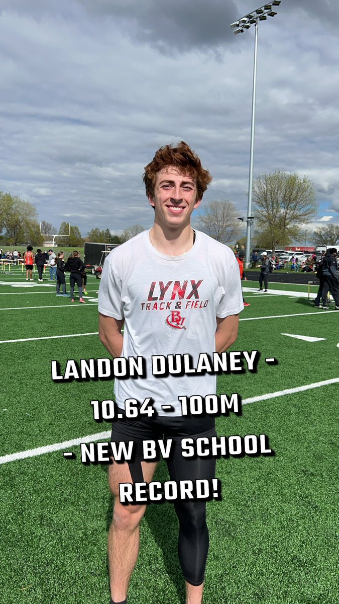 Boys 100m Dash: Landon Dulaney runs 10.64 to win the Roosevelt Quad today! That time ranks Landon # 2 in SD and breaks the Brandon Valley School record! Let’s Go!!!!
