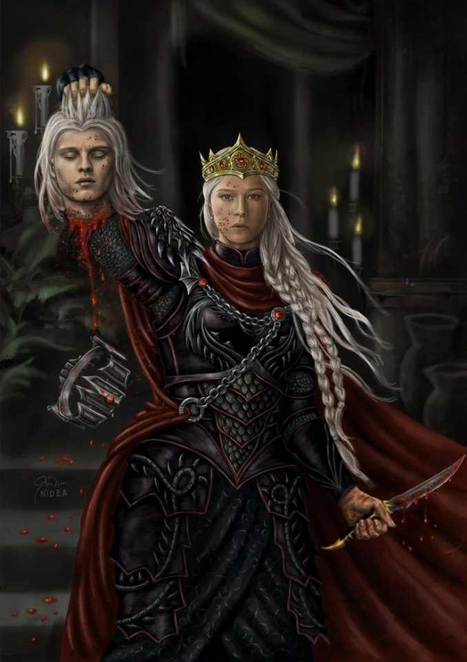 Amo essa imagem, a rainha legítima Rhaenyra Targaryen com sua coroa toda grandona popozuda em uma armadura negra com a vibe de cruel vingativa segurando a cabeça do seu meio irmão usurpador Aegon que foi cortada com a adaga que tinha a mensagem sobre o príncipe que foi prometido.