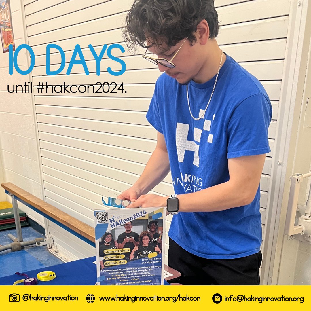 The TEN DAY COUNTDOWN until #hakcon2024 is HERE!
Join us as we explore the future of STEM education in North Texas. Whether you’re an educator, a parent, a community member, or a curious volunteer, there’s something for everybody.
Visit our website today to learn more.