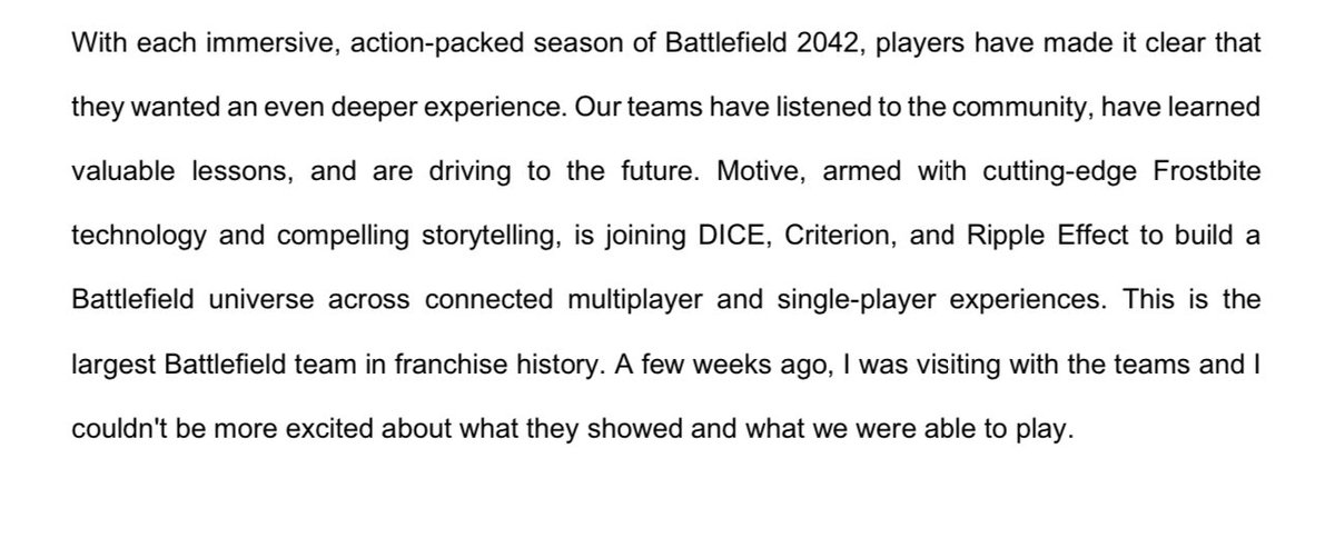 EA CEO on the next Battlefield: 

“building a Battlefield universe across connected multiplayer and single-player experiences” 

Says he played the new Battlefield a few weeks ago and “couldn’t be more excited.”