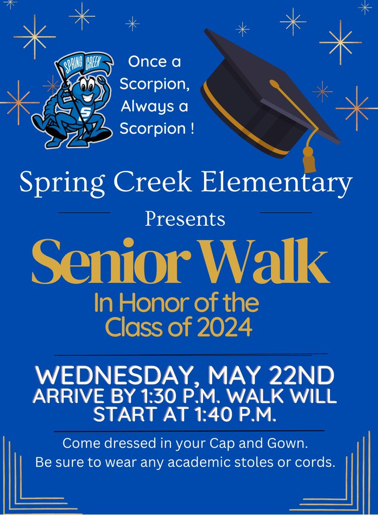It’s that time of year, time for our Senior Walk, can’t wait to see our students. Wednesday, May 22nd at 1:40 pm be here by 1:30. Once a Scorpion always a Scorpion. @NFHS_Rangers @SHS_Mustangs @NGHS_Raiders @LCHS_Patriots @RHS_Eagles @GHS_Owls @SGHS_Titans