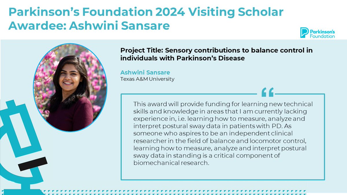 📢 Congratulations to 2024 Visiting Scholar Awardee, <a href="/AshwiniSansare/">Ashwini Sansare</a>, whose project focuses on sensory contributions to balance control in individuals with #Parkinsons Disease. Dr. Sansare will be mentored by Jan Hondzinski at <a href="/LSU/">LSU</a>.

<a href="/ParkinsonDotOrg/">Parkinson's Foundation</a>