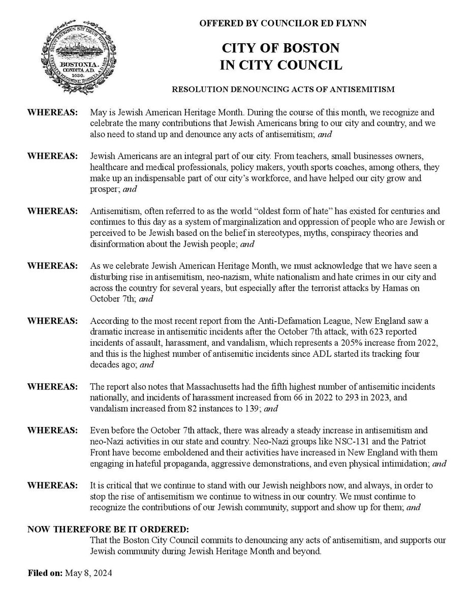 In recent years, we’ve seen a disturbing rise in antisemitism locally & across US, especially after horrific terrorist attacks by Hamas on Oct 7th. It’s critical that we stand up for our Jewish neighbors, continue to denounce antisemitism, & call out hate when we see it.#bospoli