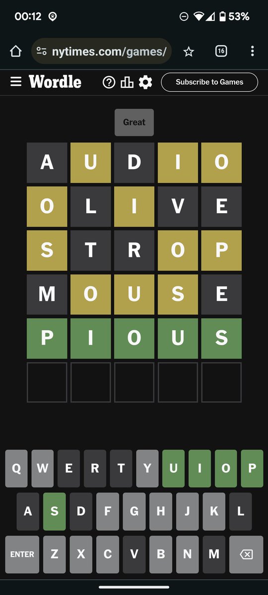 hollandnigel's tweet image. #PIOUS ?!?!??!
I just tried using random letters and surprisingly this was the answer!!!
@wordle #Wordle1054 #Wordle