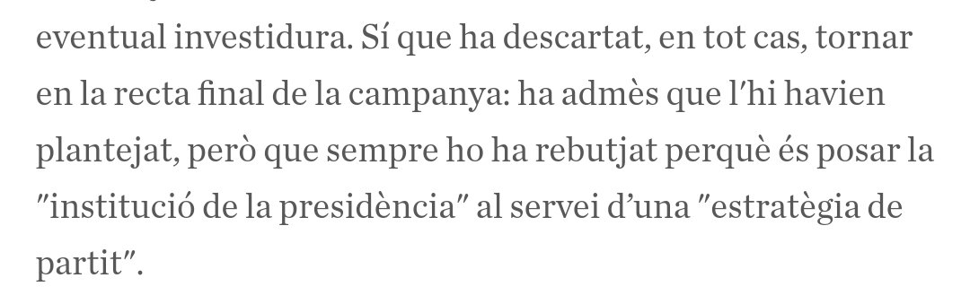 Han utilitzat fins a 4 cops els últims 6 anys l'expectativa de que tornaria i ara diuen que no torna ara perquè no posa 'la institució' al servei d'una 'estratègia de partit'. 

Res ha contribuït més a frivolitzar sobre la Institució que aquestes coses.

Quina vergonya.