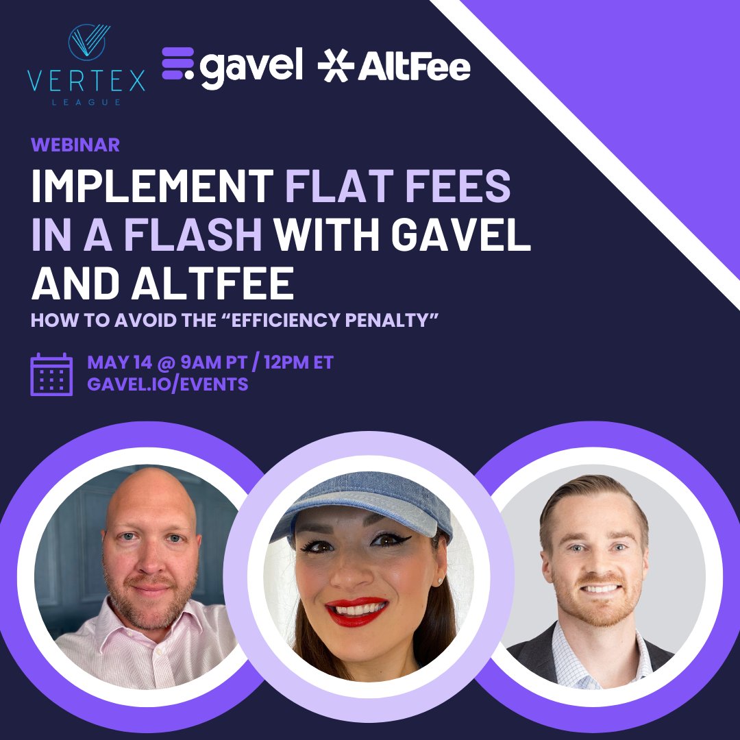 Join us on May 14th at 9am PST/12pm EST as Scott Leigh and Brittany Hernandez (<a href="/Gavel_io/">Gavel</a>) dig into how to implement flat fees to take advantage of your firm's efficiencies.

Thanks for hosting Andrew Zihmer!

Register 👉 bit.ly/AltFeexGavelxV…

#AFAs #FixedFees #LegalPricing