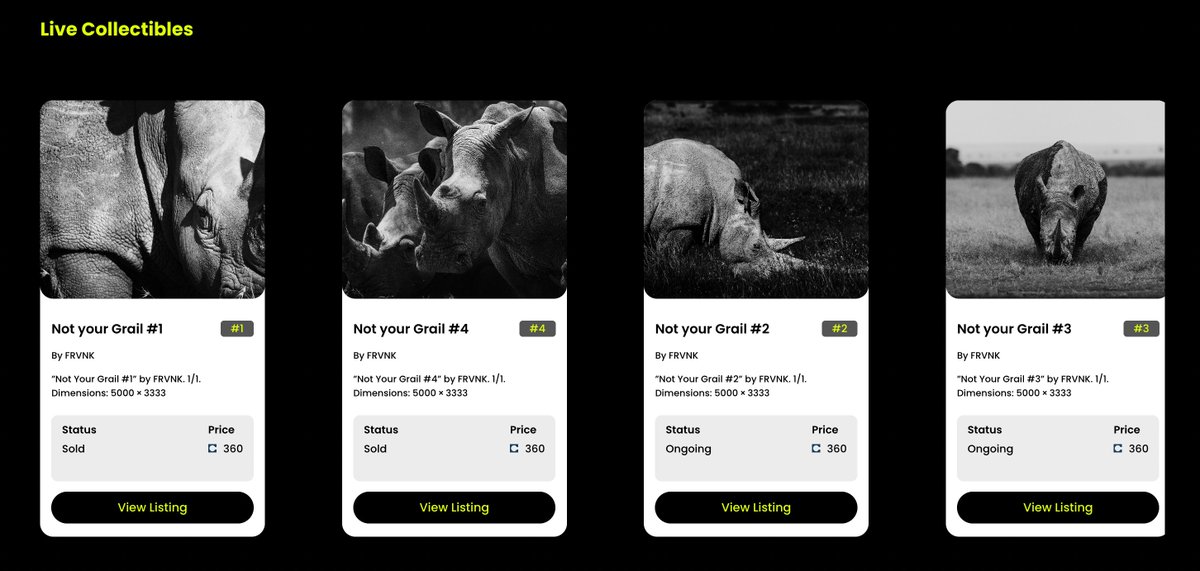 Woke up seeing two of the four 1/1s from 'Not Your Grail' sold!

Thank you for appreciating my art and contributing to the @OlPejeta 's efforts in saving the Northern White Rhinos from extinction.

I look forward to connecting with you in the future and enjoy your physical print!