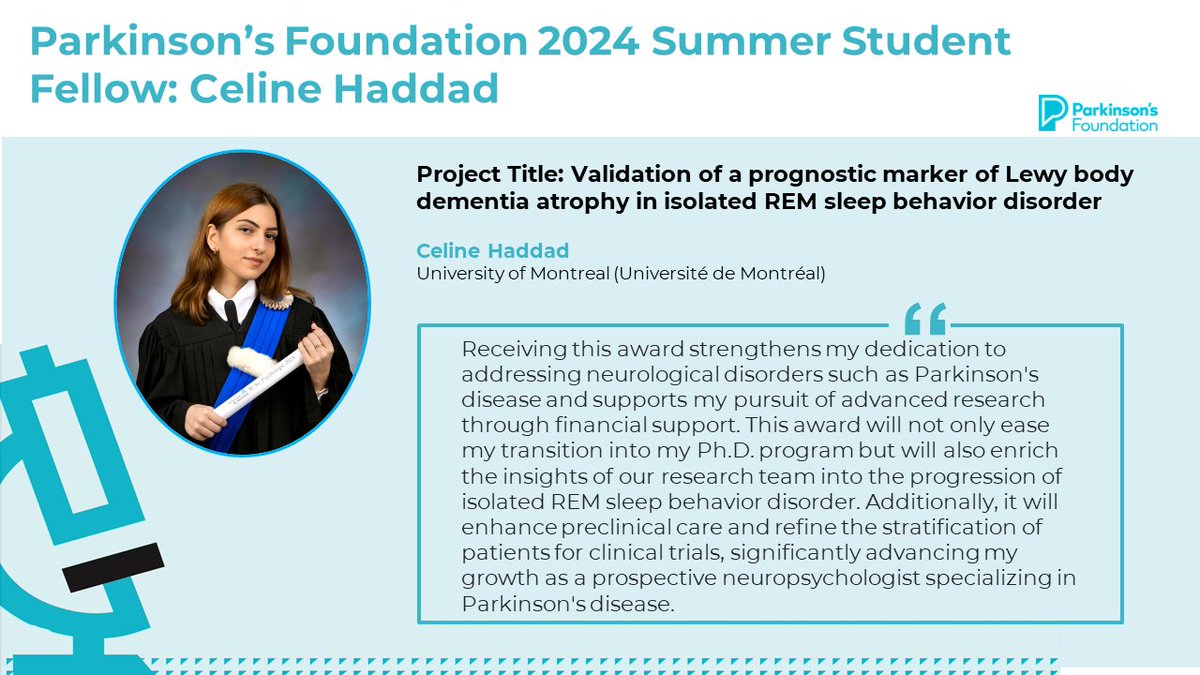 📢 Congratulations to 2024 Summer Student Fellow,
<a href="/haddadceline4/">Celine Haddad</a>, whose project focuses on validation of a prognostic marker of Lewy body dementia atrophy in isolated REM sleep behavior disorder. Celine will be mentored by Shady Rahayel at <a href="/CIUSSSnmtl/">CIUSSS du Nord-Mtl</a>. 

<a href="/ParkinsonDotOrg/">Parkinson's Foundation</a>