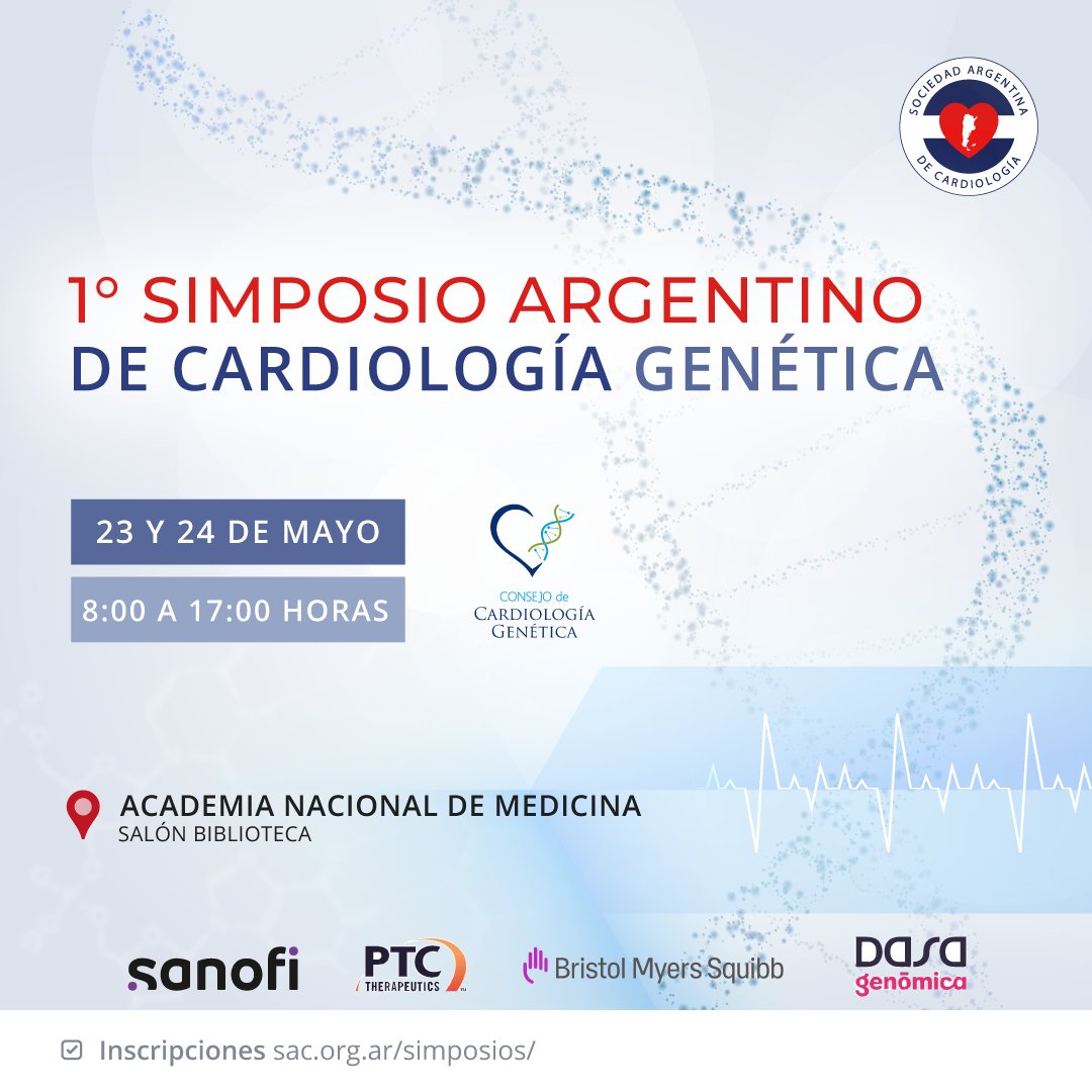 🔵Llega el 1º Simposio de Cardiología Genética 📣 ¡Abierta la inscripción! 📅23 y 24 de mayo 📍Academia Nacional de Medicina de Buenos Aires 📌Más información 👉🔗 sac.org.ar/evento/1-simpo…