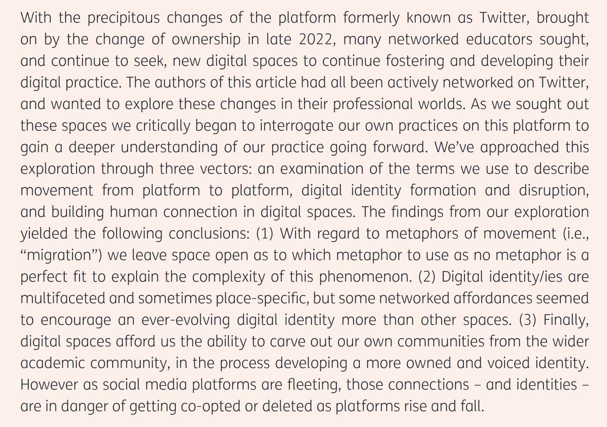 Aras Bozkurt (@arasbozkurt) on Twitter photo ▪The migration of digital tribes!
▪Lines of Flight: The Digital Fragmenting of Educational Networks
📑<a href="/koutropoulos/">Apostolos - 🐘koutropoulos@social.ds106.us</a> <a href="/bonstewart/">Bonnie Stewart</a> <a href="/Lenandlar/">Lenandlar Singh</a> <a href="/Danceswithcloud/">Sandra Sinfield</a> <a href="/kwhamon/">Keith Hamon</a> <a href="/sandra_abegglen/">Sandra Abegglen</a> <a href="/LevellerB/">Tom Burns</a> <a href="/NomadWarMachine/">Sarah Honeychurch</a> & me myself <a href="/arasbozkurt/">Aras Bozkurt</a> - <a href="/JIME_journal/">JIME editorial team</a>
jime.open.ac.uk/articles/10.53… ▪The migration of digital tribes!
▪Lines of Flight: The Digital Fragmenting of Educational Networks
📑<a href="/koutropoulos/">Apostolos - 🐘koutropoulos@social.ds106.us</a> <a href="/bonstewart/">Bonnie Stewart</a> <a href="/Lenandlar/">Lenandlar Singh</a> <a href="/Danceswithcloud/">Sandra Sinfield</a> <a href="/kwhamon/">Keith Hamon</a> <a href="/sandra_abegglen/">Sandra Abegglen</a> <a href="/LevellerB/">Tom Burns</a> <a href="/NomadWarMachine/">Sarah Honeychurch</a> & me myself <a href="/arasbozkurt/">Aras Bozkurt</a> - <a href="/JIME_journal/">JIME editorial team</a>
jime.open.ac.uk/articles/10.53…