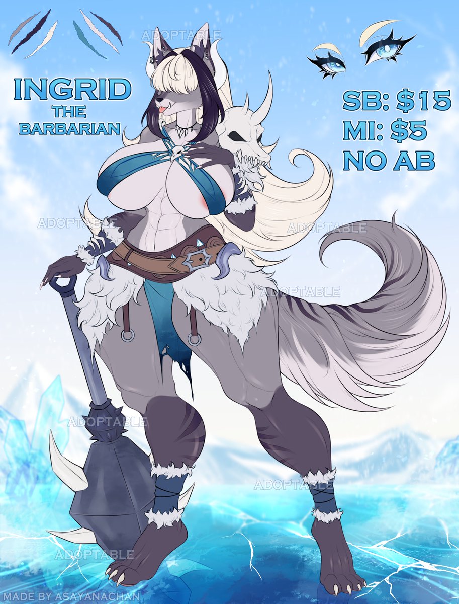 Made a new adoptable :) 
Strong barbarian wolfy girl 
Auction already started on Ych.com and FA
Links on comments❄️
#furry #anthro #wolf #adoptable #openauction #nsfw #furryadoptable #wolfgirl #skull #musclewoman