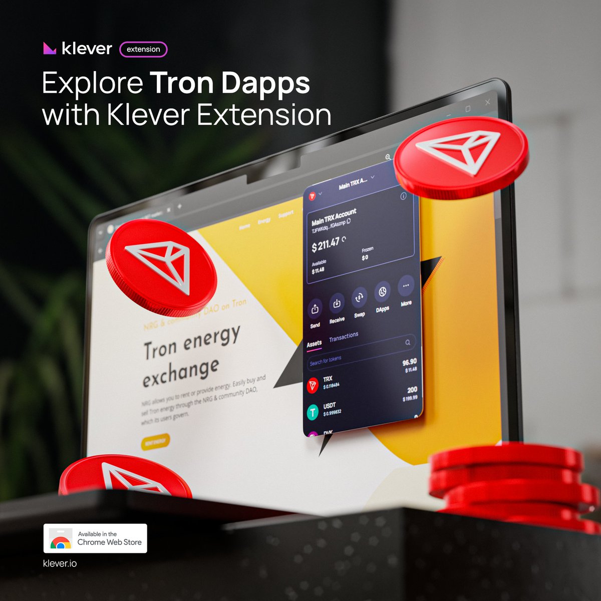 klever_io's tweet photo. Power up with @TronNRG using the #KleverExtension! ๐๐
๐ป Log in easily and manage your energy needs securely through your trusted #cryptowallet: https://t.co/5OpWLFjcpK
#Tron #TronDapps #Extension https://t.co/NQxghdoHzB