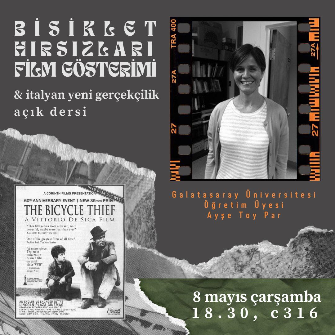 gsusinema's tweet photo. 8 Mayıs Çarşamba günü, okulumuz akadamisyenlerinden Ayşe Toy Par ile Vittorio De Sica'nin kült eseri Bisiklet Hırsızları filmini izleyip İtalyan Yeni Gerçekçilik sineması hakkında konuşacağız 🎥  Bu dönemki ilk açık dersimiz olan etkinliğimizde sevgili Ayşe Toy Par hocamızla+ https://t.co/NwwoaFGkzw