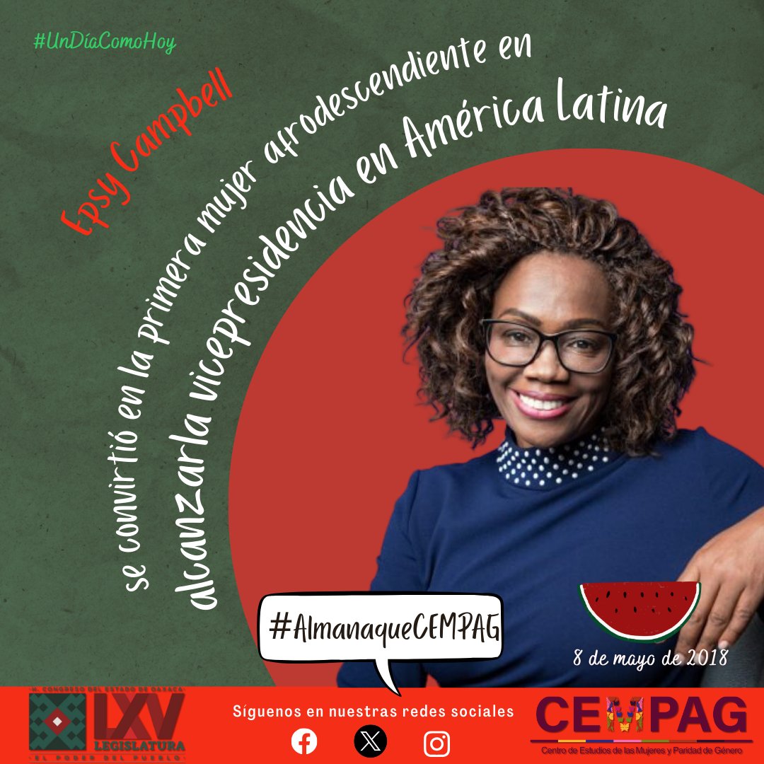#UnDíaComoHoy Epsy Campbell se convirtió en la primera mujer afrodescendiente en alcanzar la vicepresidencia en América Latina.
Consulta el #AlmanaqueCEMPAG en t.ly/huGhb
