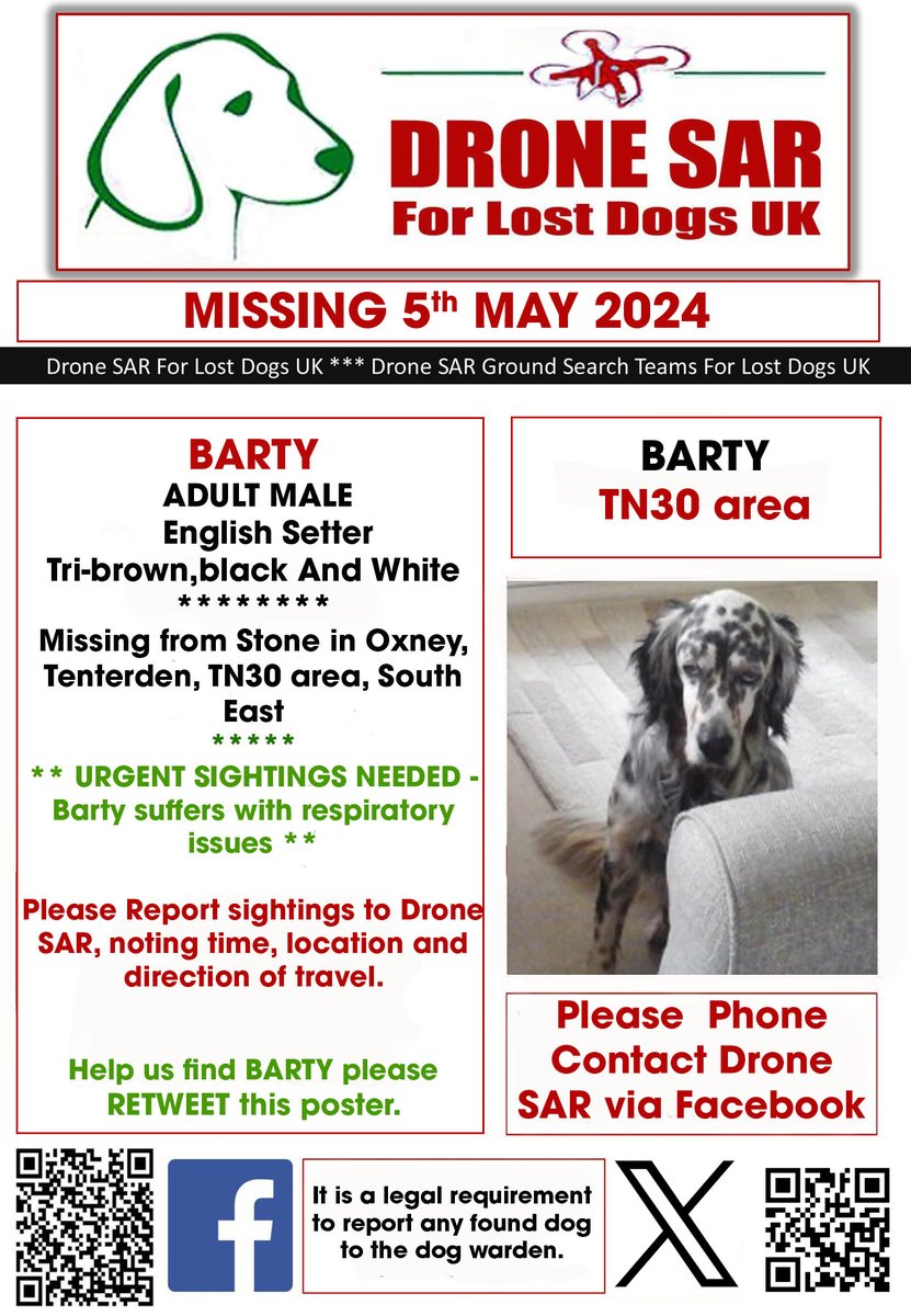 #LostDog #Alert BARTY
Male English Setter Tri-brown,black And White (Age: Adult)
Missing from Stone in Oxney, Tenterden, TN30 area, South East on Sunday, 5th May 2024 #DroneSAR #MissingDog