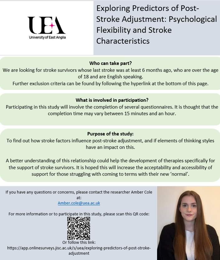I'd really appreciate if people could share this for my friend. She is conducting a great study around factors related to post-stroke adjustment.

Link to take part: app.onlinesurveys.jisc.ac.uk/s/uea/explorin…

#research #stroke #Thesis #doctorate #mentalhealth