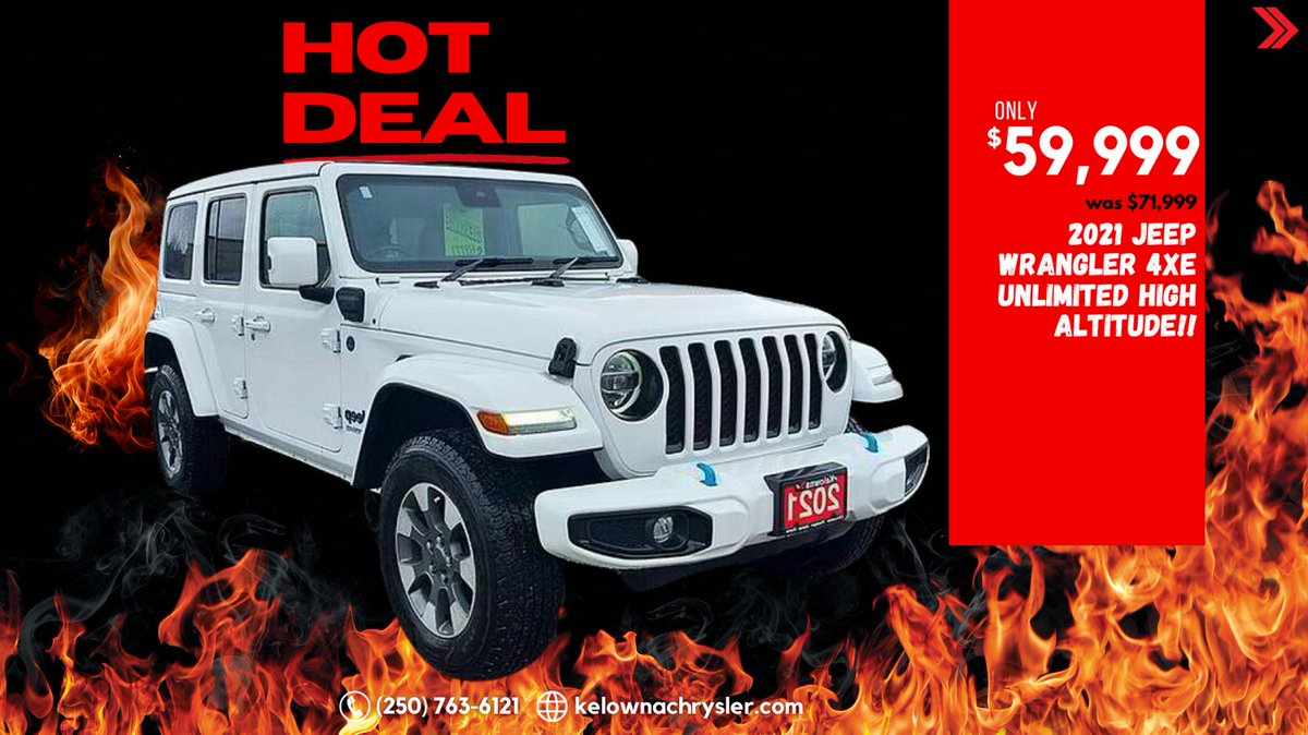 🔥💥 𝐇𝐎𝐓 𝐃𝐄𝐀𝐋 𝐀𝐋𝐄𝐑𝐓!💥🔥 Hit the road in style with this 2021 JEEP WRANGLER 4XE UNLIMITED HIGH ALTITUDE 🌟 Priced at only $59,999 + adds*, Reduced price from $71,999 and it's waiting for YOU at Kelowna Chrysler! #Jeeplife #HotDeal #KelownaChrysler *excl fees & taxes