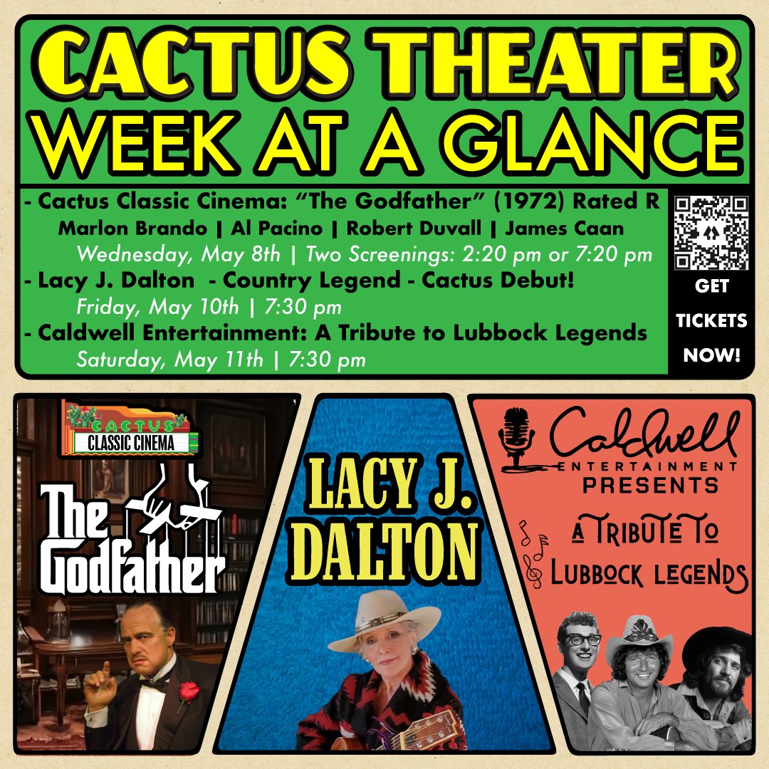 Cactus Theater Week At A Glance! We have some exciting shows coming up this week including film screenings and concerts! GET TICKETS NOW! 🎟 > bit.ly/3MRhFGf or cactustheater.com #lubbock #lubbocktx #hubcity #cactustheater #cactusclassiccinema #LacyJDalton