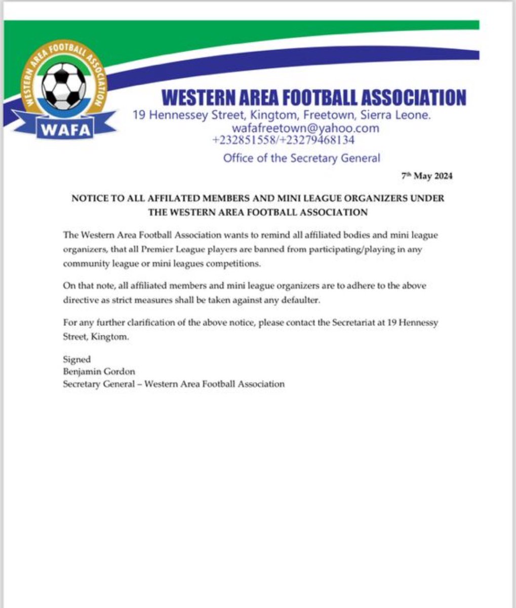 Western Area Football Association or #WAFA has banned premier league players in Sierra Leone from participating in junior or community leagues. This is not the first time such statement is coming from football bodies in Sierra Leone but it has always not being countenance by