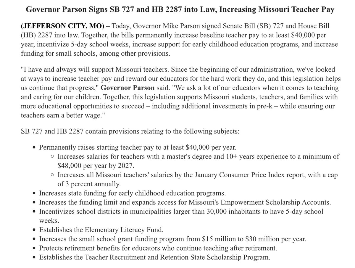 #BREAKING | @GovParsonMO signs a large education package into law that raises teacher pay from $25,000 to $40,000, includes an incentive to giving more money to schools who have 5-day weeks, and increases the maximum amount of tax credits for ESAs. #moleg