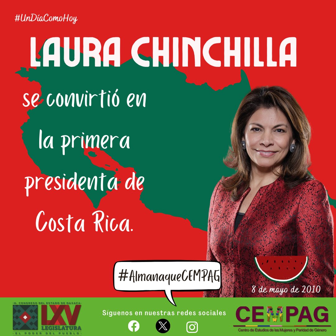 #UnDíaComoHoy Laura Chinchilla se convirtió en la primera presidenta de Costa Rica.
Consulta el #AlmanaqueCEMPAG en t.ly/huGhb