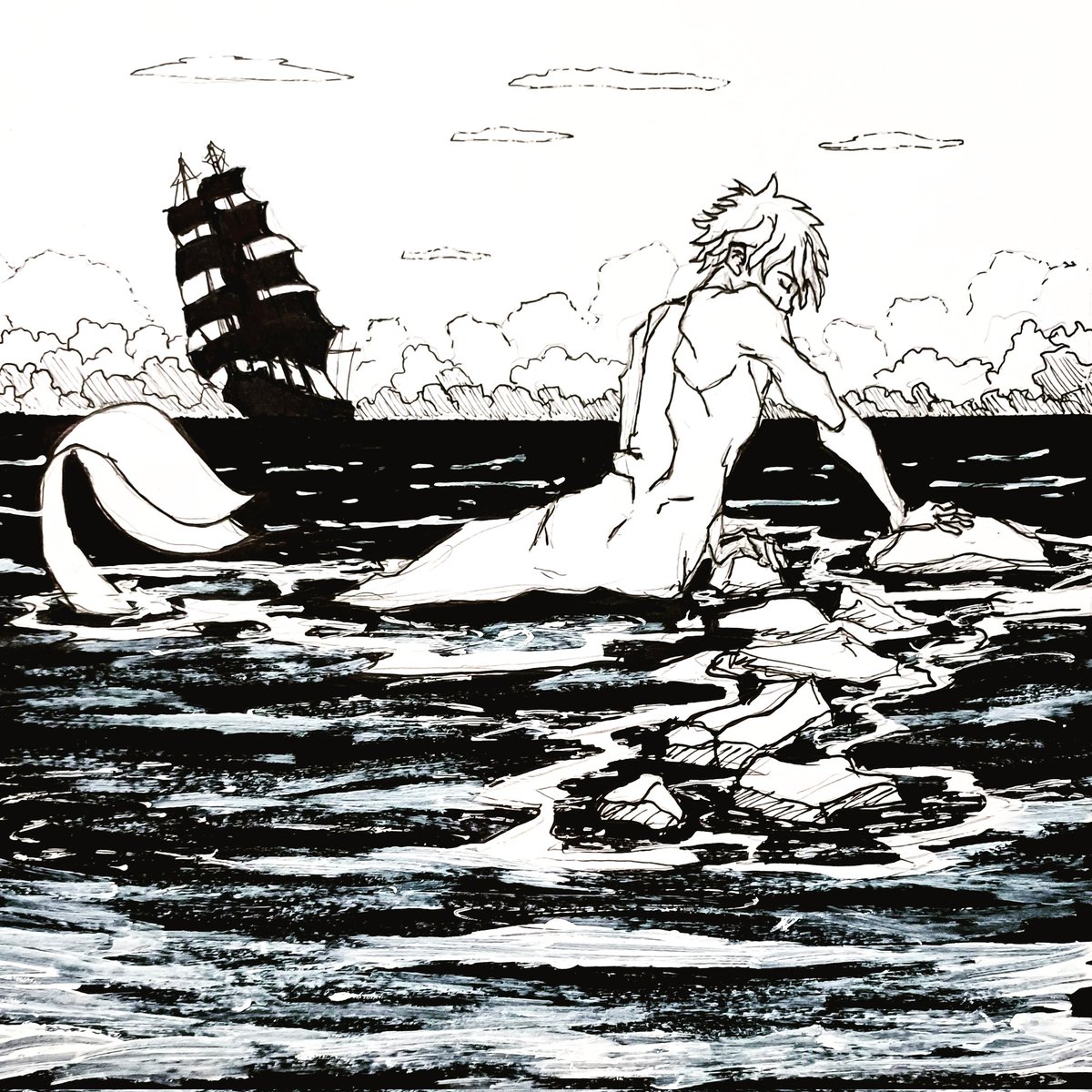 Mermay day 7!

🎼Strange how my heart beats
To find myself upon your shore...

#mermay #mermay2024 #mermen #traditionalart #queerart #homoartist #ink #homoart #maleart #onyourshore #shore #tallship #sailing