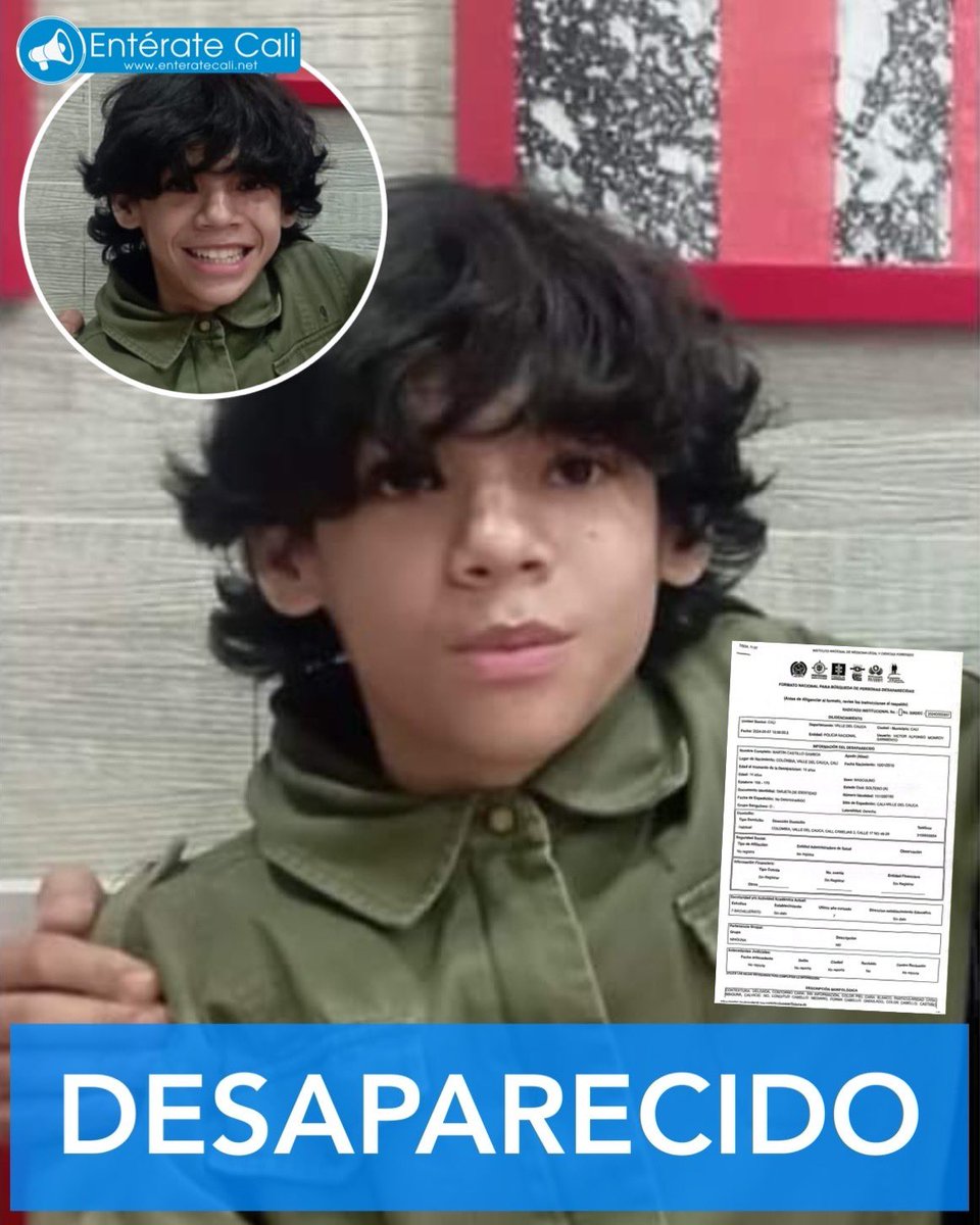 Entérate Cali - Noticias Cali (@enteratecali) on Twitter photo ¡ATENCIÓN! 🚨🙏🏼 Por favor compartir... 
Martín Castillo Gamboa de 14 años de edad, se encuentra DESAPARECIDO desde el día de ayer, 06 de mayo. 
Fue visto por última vez en el barrio San Judas al medio día, de camino a la institución Navia Varón. Llevaba uniforme azul turquí y ¡ATENCIÓN! 🚨🙏🏼 Por favor compartir... 
Martín Castillo Gamboa de 14 años de edad, se encuentra DESAPARECIDO desde el día de ayer, 06 de mayo. 
Fue visto por última vez en el barrio San Judas al medio día, de camino a la institución Navia Varón. Llevaba uniforme azul turquí y
