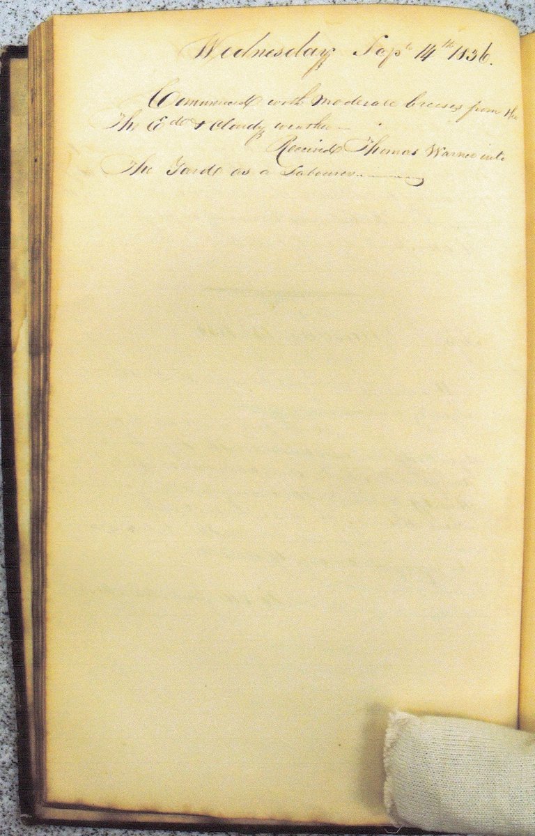 JohnGMSharp1's tweet photo. Pensacola Navy Yard Station log  for 14 Sept 1836,the duty officer has notated "Received Thomas Warner  into The Yard  as a Laborer"Typically Pensacola NY leased enslaved laborer for periods of six months to a year. See Dibble, Ernest, Antebellum Pensacola, 1974, p.72 Image NARA https://t.co/Lp2NggC3wC