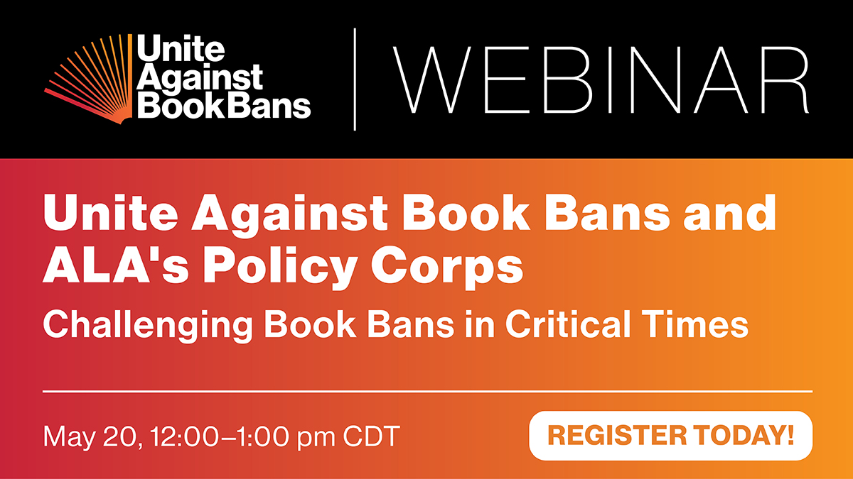 Upcoming webinar 5/20! Want to learn about new resources, data, communication & organizing tactics, & other info that can support your work in the fight against censorship? Register for Challenging Book Bans in Critical Times today: ala-events.zoom.us/webinar/regist… #UniteAgainstBookBans