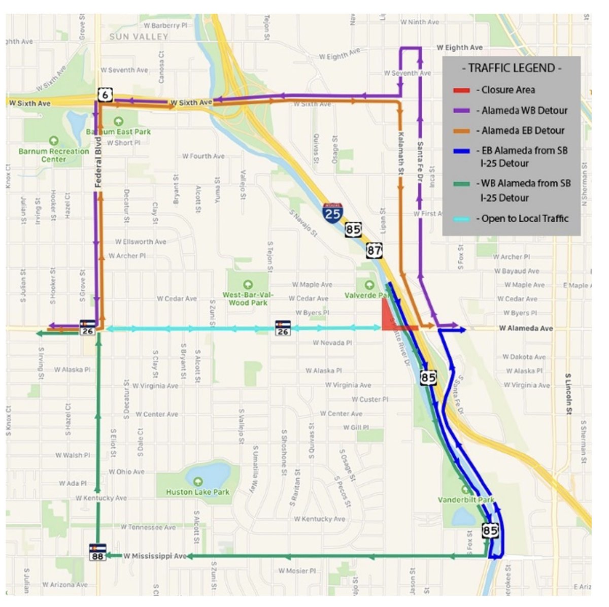 #CDOT #News: Full closure of Alameda Avenue at South Platte River scheduled this weekend. Southbound #I25 off-ramp also closed
📰codot.gov/news/2024/may/…
#KnowBeforeYouGo #SlowfortheConeZone