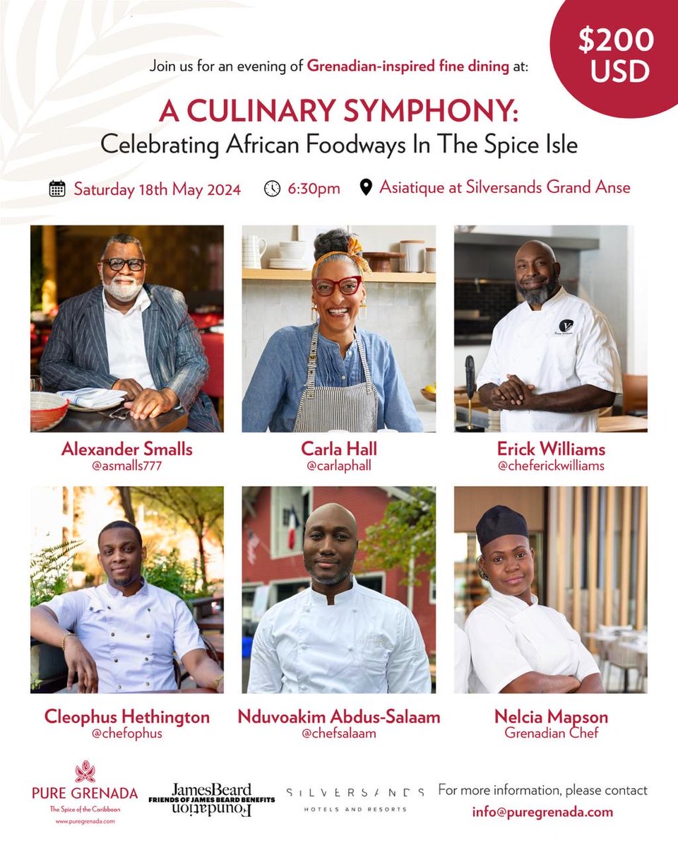 Join us on May 18th at Silversands Resort Grenada for 'Culinary Symphony' presented by James Beard Foundation® with Chef Alexander Smalls and Grenada Tourism Authority. Featuring award-winning chefs. Book your spot for a culinary adventure! 🗓️ May 18th, 2024 ⏰ 6:30pm 💵 $200USD