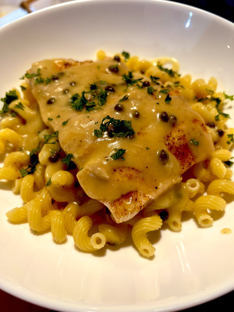 Whitefish piccata over cavatappi.