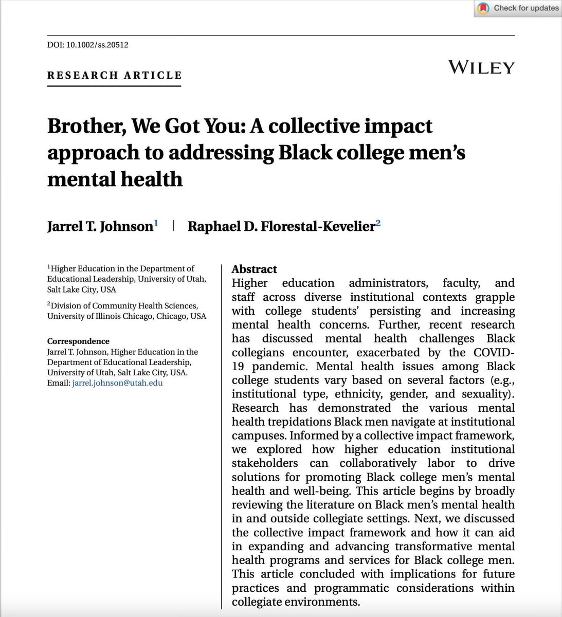 🚨New Pub w/ @DrRaphC is available now (free open access)! This pub explored collective & innovative strategies to support Black college men’s mental health! Read more here: doi.org/10.1002/ss.205…