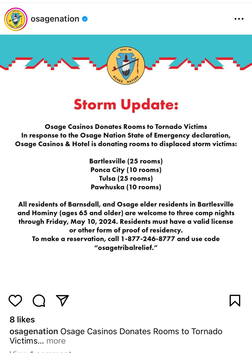 .@Osagenation is donating rooms in their casinos for those who are displaced by last night’s storms