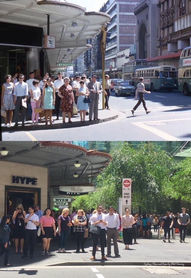 Blast from the STAN past - The north west corner of Market and Pitt Streets in 1967 and in 2017. [1967-Alain Debiz/Panoramia>2017-Phil Harvey]