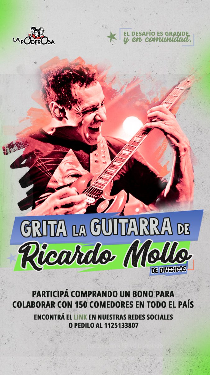 LOS COMPAÑEROS DE LA GARGANTA PODEROSA SORTEAN UNA GUITARRA DE RICARDO MOLLO (1)

En un momento donde los comedores populares no reciben ni un grano de arroz, el cantante y guitarrista de Divididos, Ricardo Mollo, se alió a La Poderosa para rifar una guitarra de su colección...