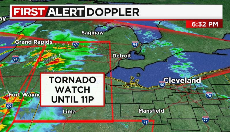 Tornado Watch in effect for NW Ohio until 11pm tonight. Another watch south of that until 1am.