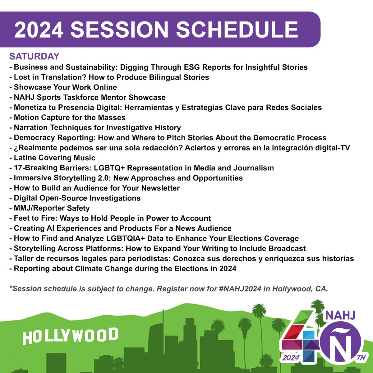 We are delighted to announce the #NAHJ2024 session schedule! 🙌 This year, NAHJ will offer over 80 workshops & training sessions for conference attendees in Hollywood, CA! Don't miss out! See more details on our website. #NAHJ40th 

Register today: nahjconvention.org